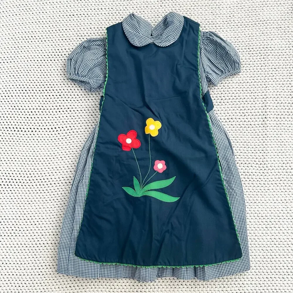 Jayne Copeland Vintage USA Blue Gingham Floral Apron Jumper Toddler Girl Dress 5